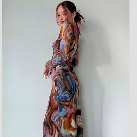 ZARA SET Printed tulle โSet Top And Skirt Organge Beige Brown Combiation - Picture 13 of 16